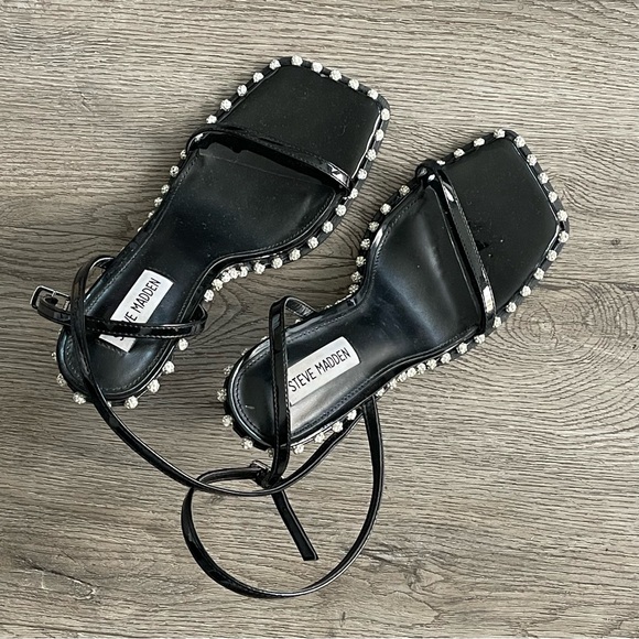 Steve Madden Zelle Studded High Heels Nudity Ankle Strap 8.5 black Square Toe - Picture 4 of 8